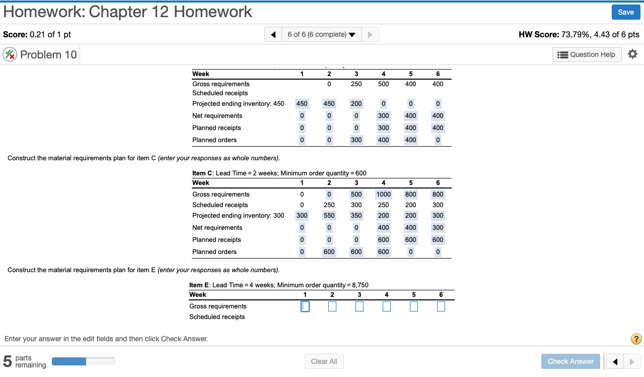 Construct the material requirements plan for item