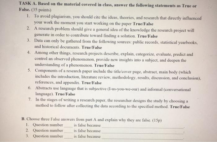 TASK A. Based on the material covered in class,