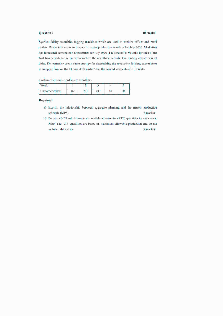 Question 2 10 marks Syarikat Bixby assembles