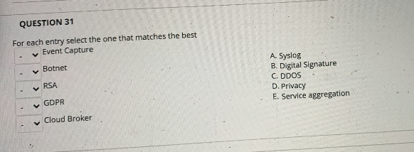 QUESTION 31 For each entry select the one that