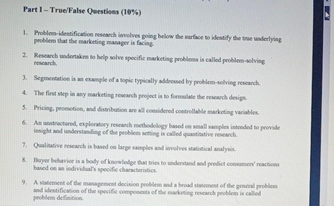 Part I - True/False Questions (10%) 1.