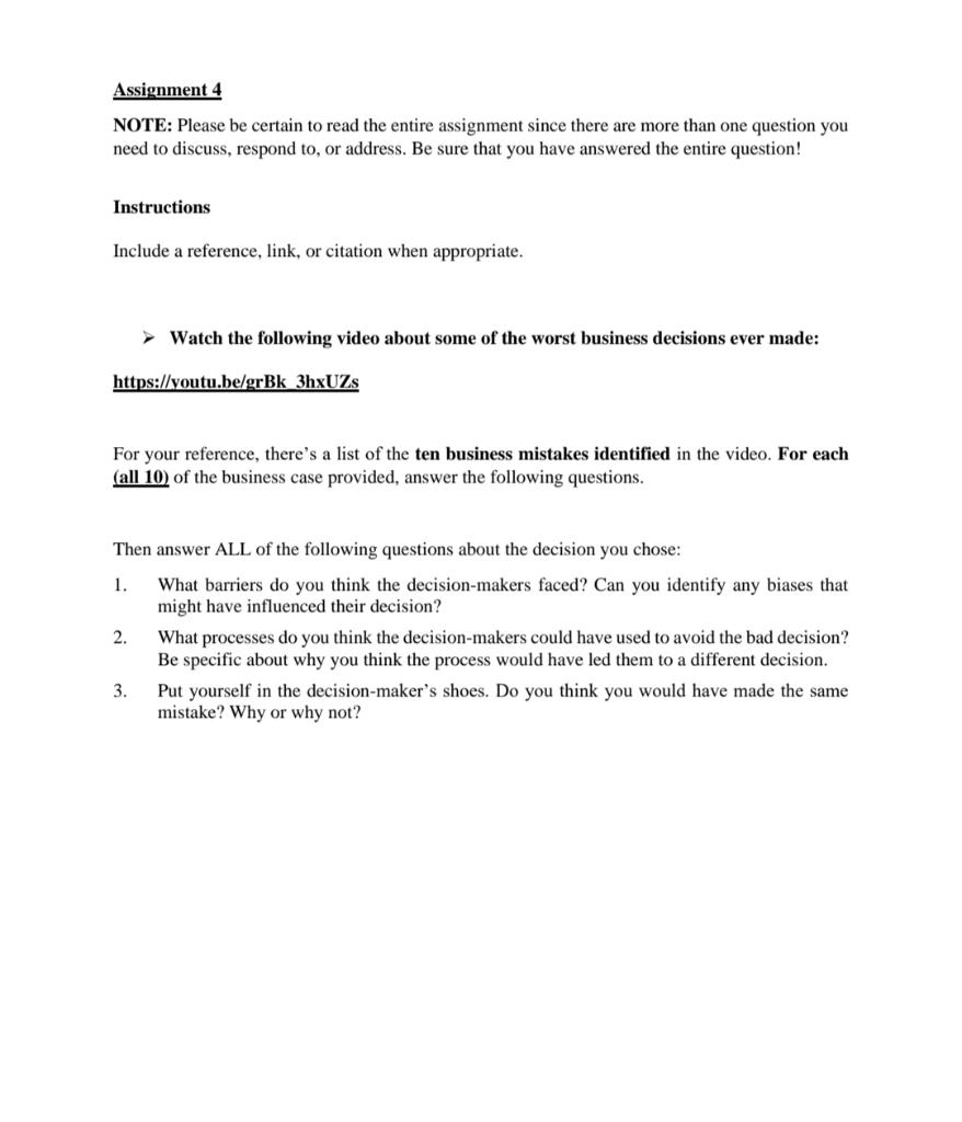 Assignment 4 NOTE: Please be certain to read the