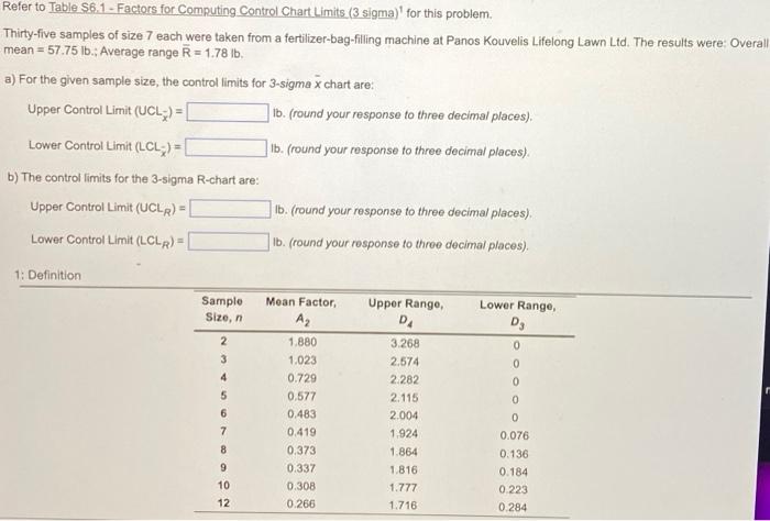 Refer to Table S61 - Factors for Computing