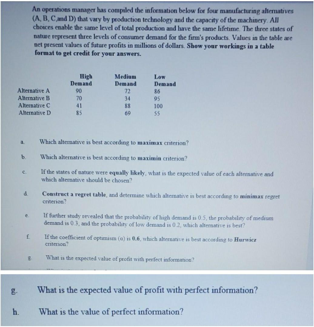 An operations manager has compiled the