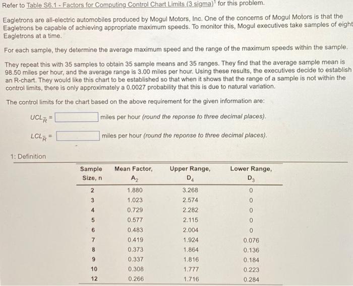 Refer to Table $6.1 - Factors for Computing