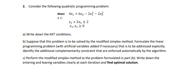 2. Consider the following quadratic programming