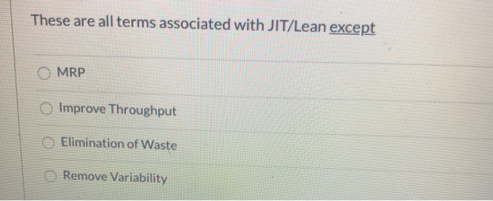 These are all terms associated with JIT/Lean