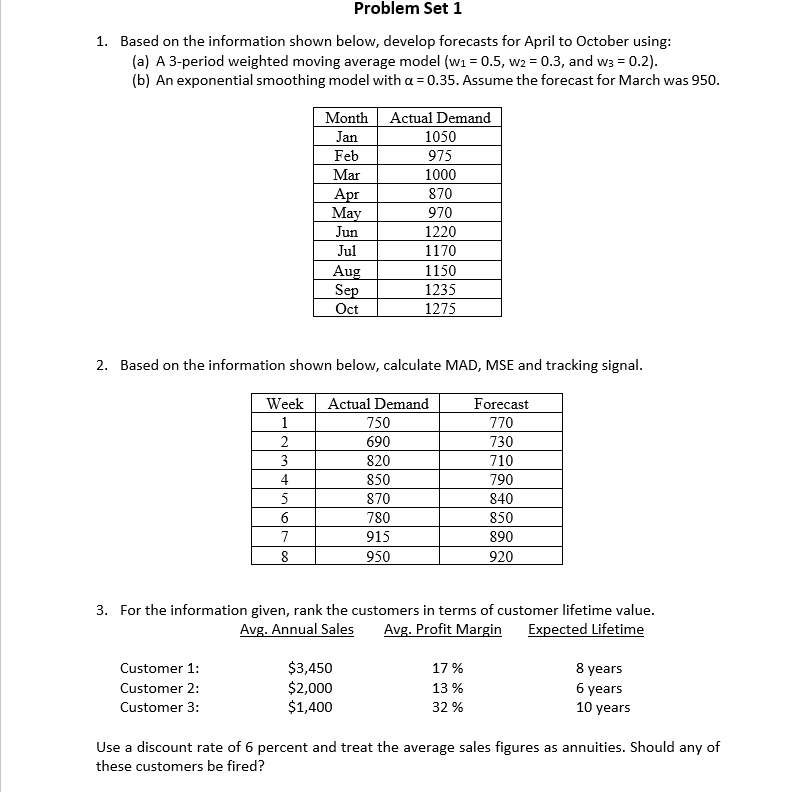1. Based on the information shown below, develop