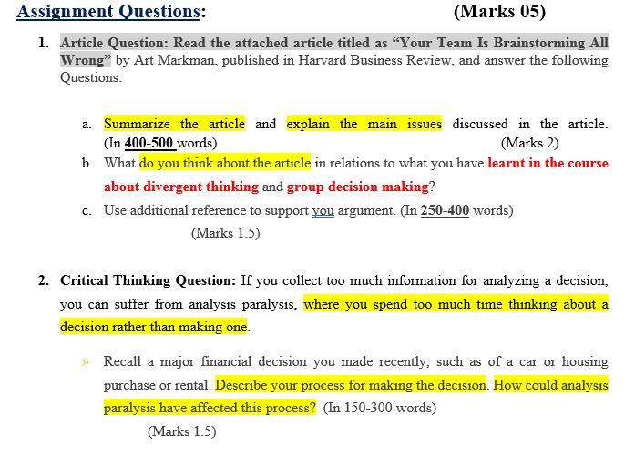 Assignment Questions: (Marks 05) 1. Article