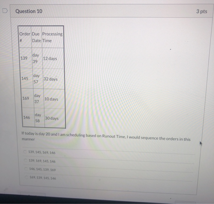 Question 10 3 pts Order Due Processing Date Time