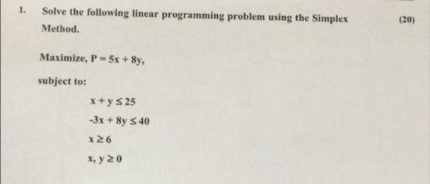 1. Solve the following linear programming problem