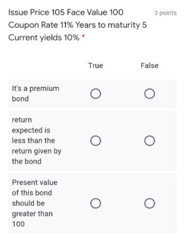 3 points Issue Price 105 Face Value 100 Coupon