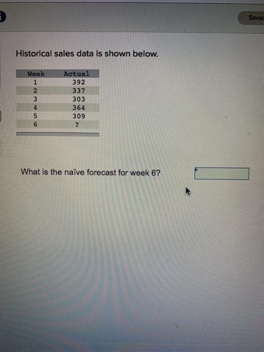 Save Historical sales data is shown below. Week 1