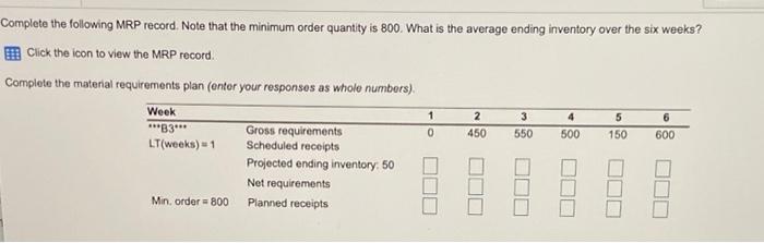 Complete the following MRP record. Note that the