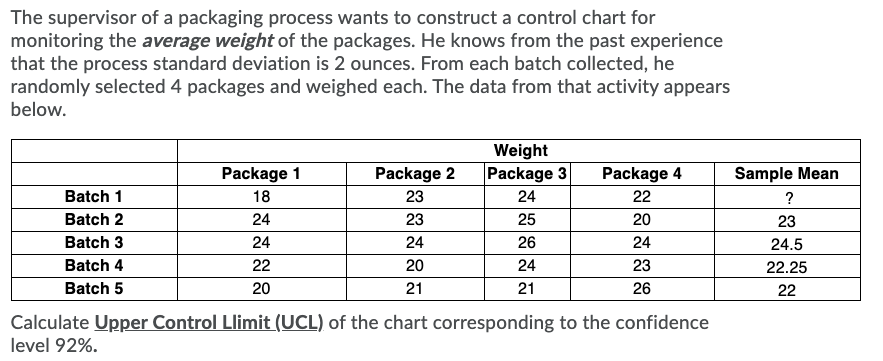 The supervisor of a packaging process wants to