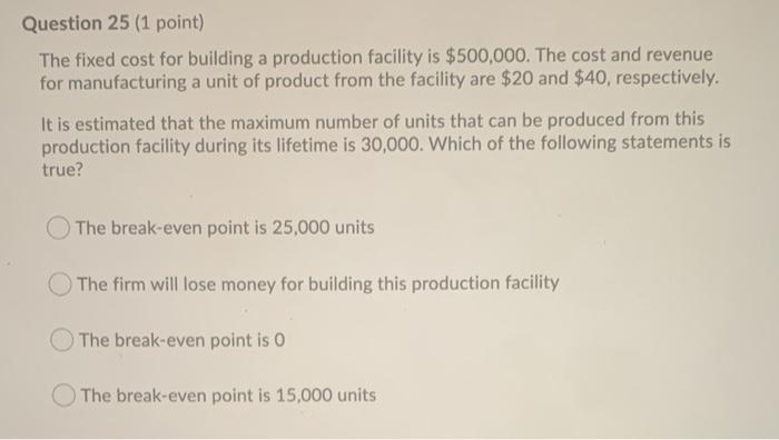 Question 25 (1 point) The fixed cost for building