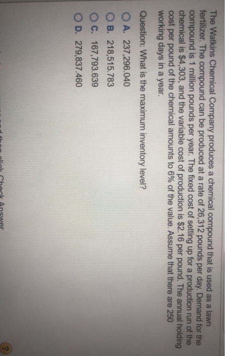 The Watkins Chemical Company produces a chemical