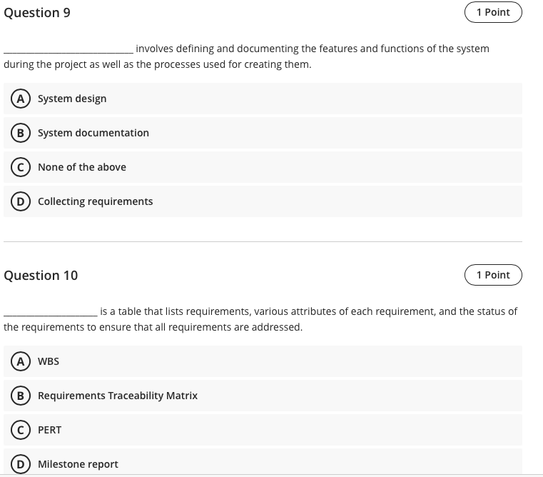 Question 9 1 Point involves defining and