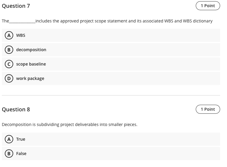 Question 9 1 Point involves defining and