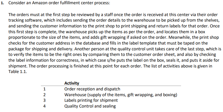 1. Consider an Amazon order fulfillment center
