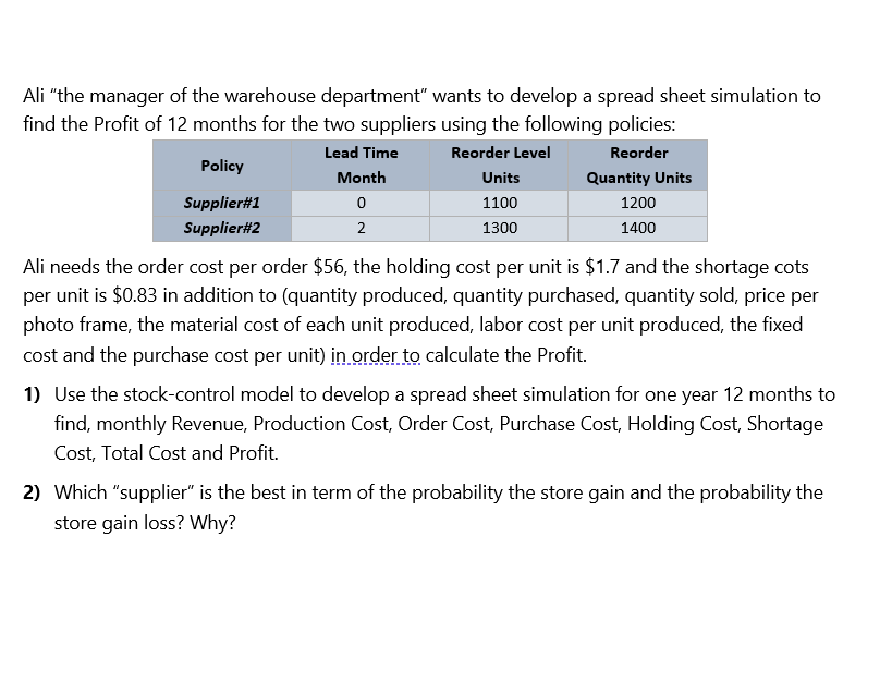 Use the stock-control model to develop a spread