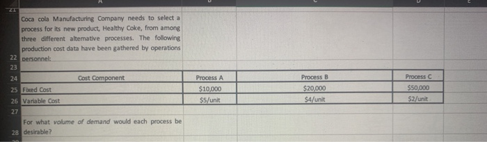 Coca cola Manufacturing Company needs to select a