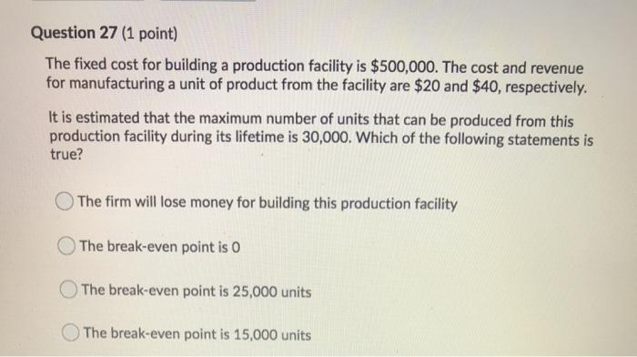 Question 27 (1 point) The fixed cost for building