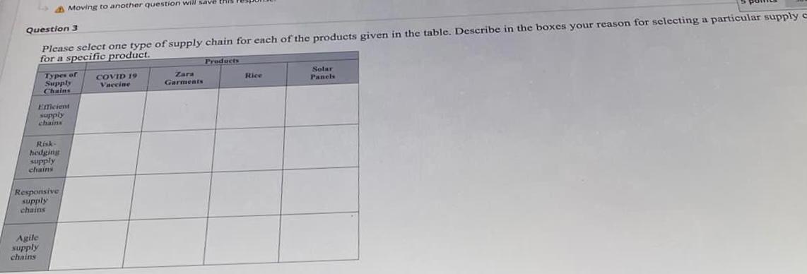 Supply chain Moving to another question will save