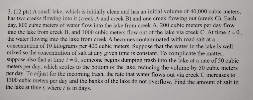 3. (12 pts) A small lake, which is initially