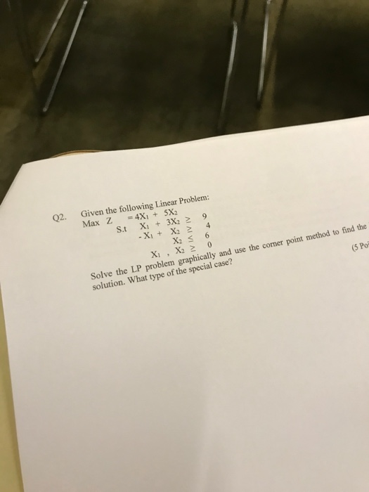 Q2. Given the following Linear Problem: Max Z =