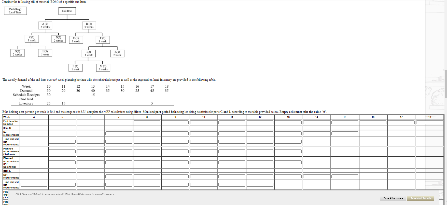 Consider the following bill of material (BOM) of