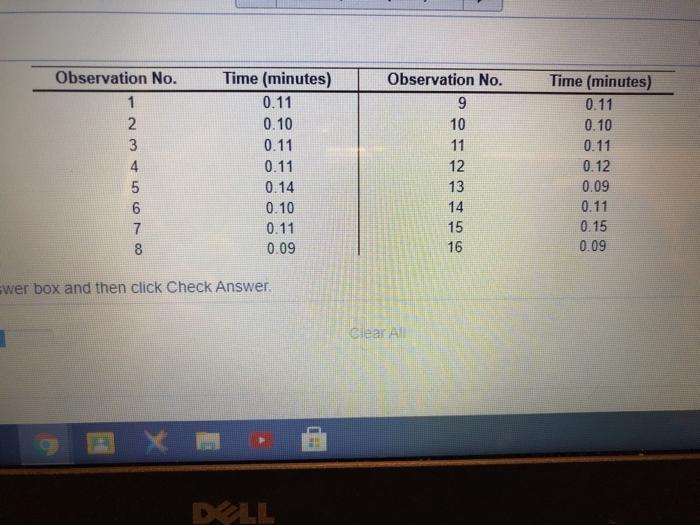 Observation No. 1 2 3 4 5 6 7 8 Time (minutes)