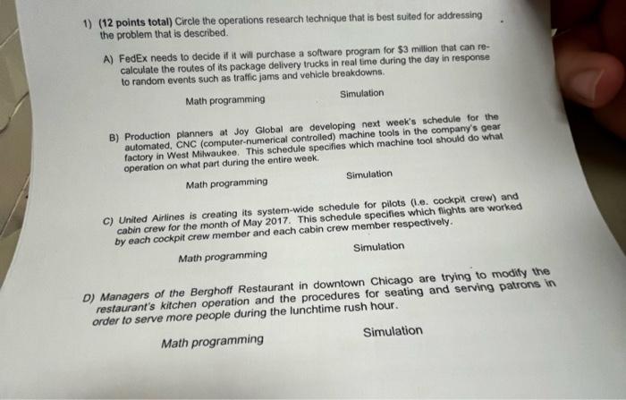 asap 1) (12 points total) Circle the operations