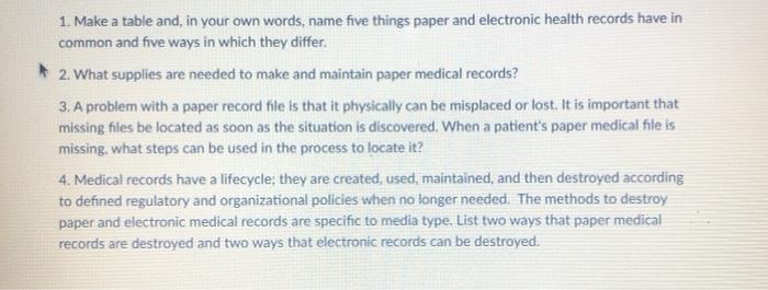 1. Make a table and, in your own words, name five