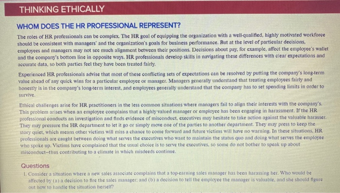 THINKING ETHICALLY WHOM DOES THE HR PROFESSIONAL