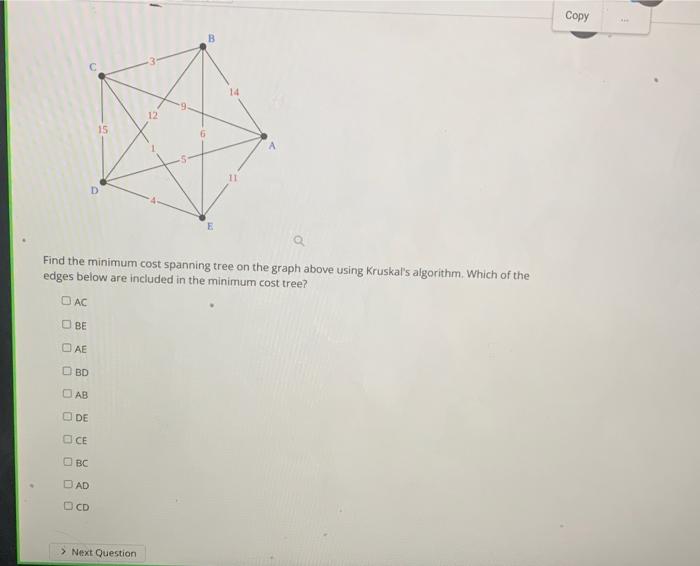 Copy 14 12 15 6 11 E Find the minimum cost
