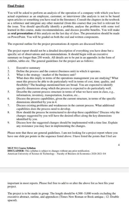 1. Final Project You will be asked to perform an