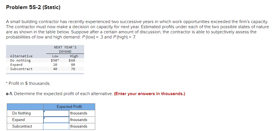 Problem 5S-2 (Static) A small building contractor