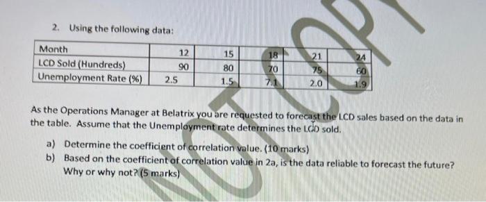 2. Using the following data: 15 Month LCD Sold