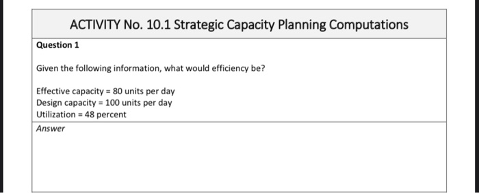 ACTIVITY No. 10.1 Strategic Capacity Planning