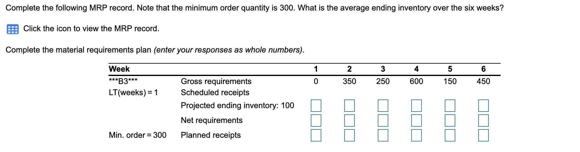 Complete the following MRP record. Note that the