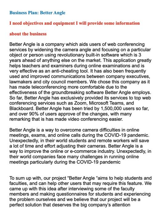 Business Plan: Better Angle I need objectives and