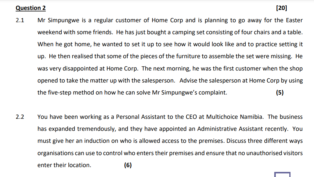 Question 2 [20] 2.1 Mr Simpungwe is a regular