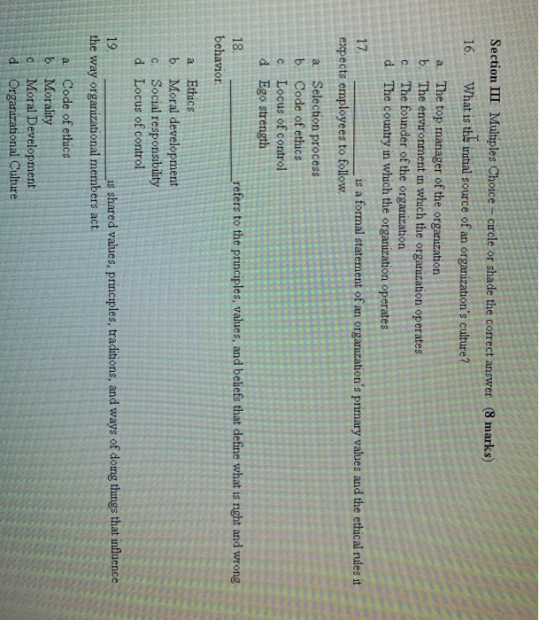 a Section III Multiples Choice - circle or shade