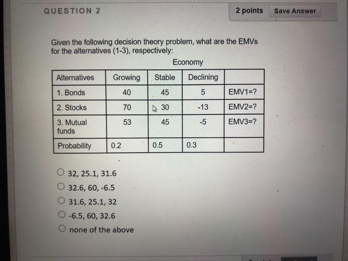 QUESTION 2 2 points Save Answer Given the