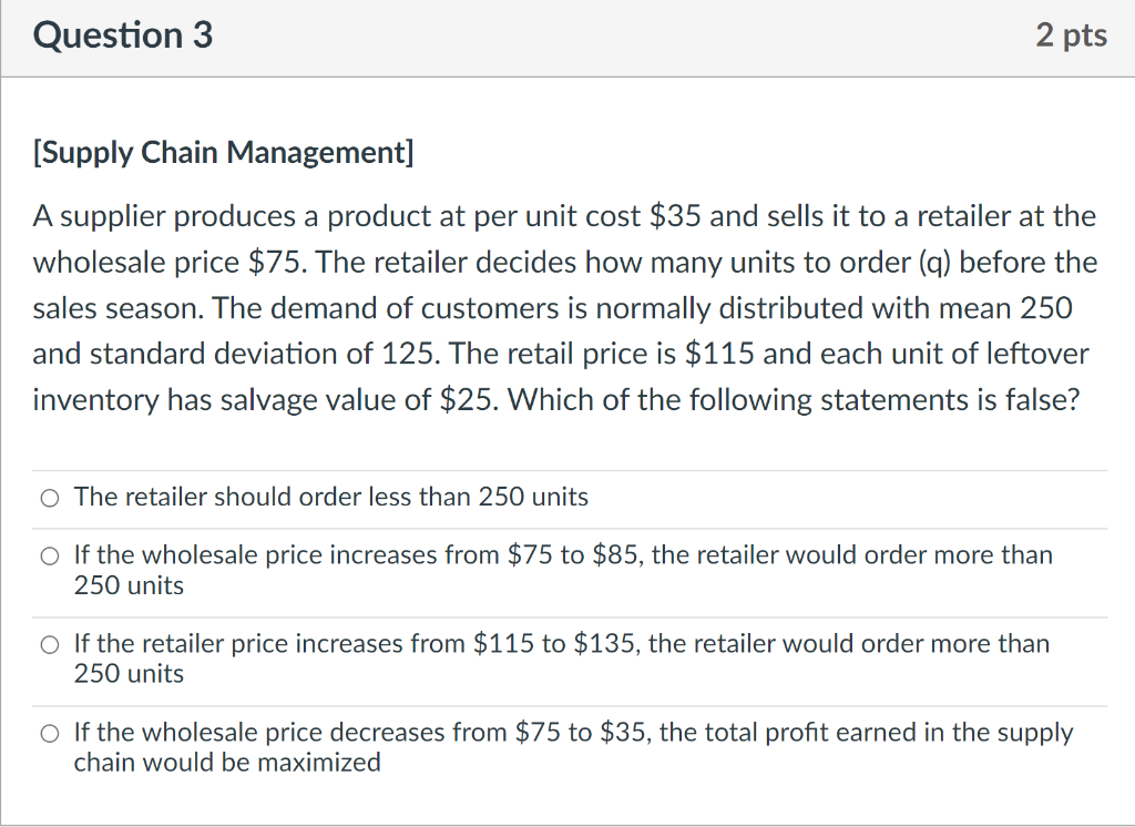 [Supply Chain Management] A supplier produces a