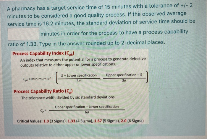 A pharmacy has a target service time of 15