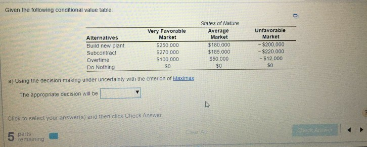 Given the following conditional value table