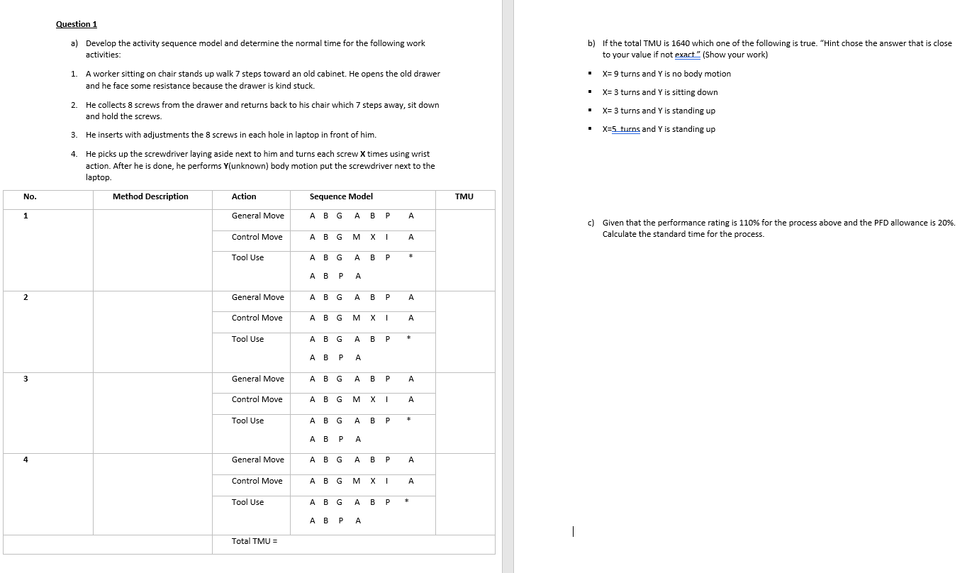 Question 1 a) Develop the activity sequence model
