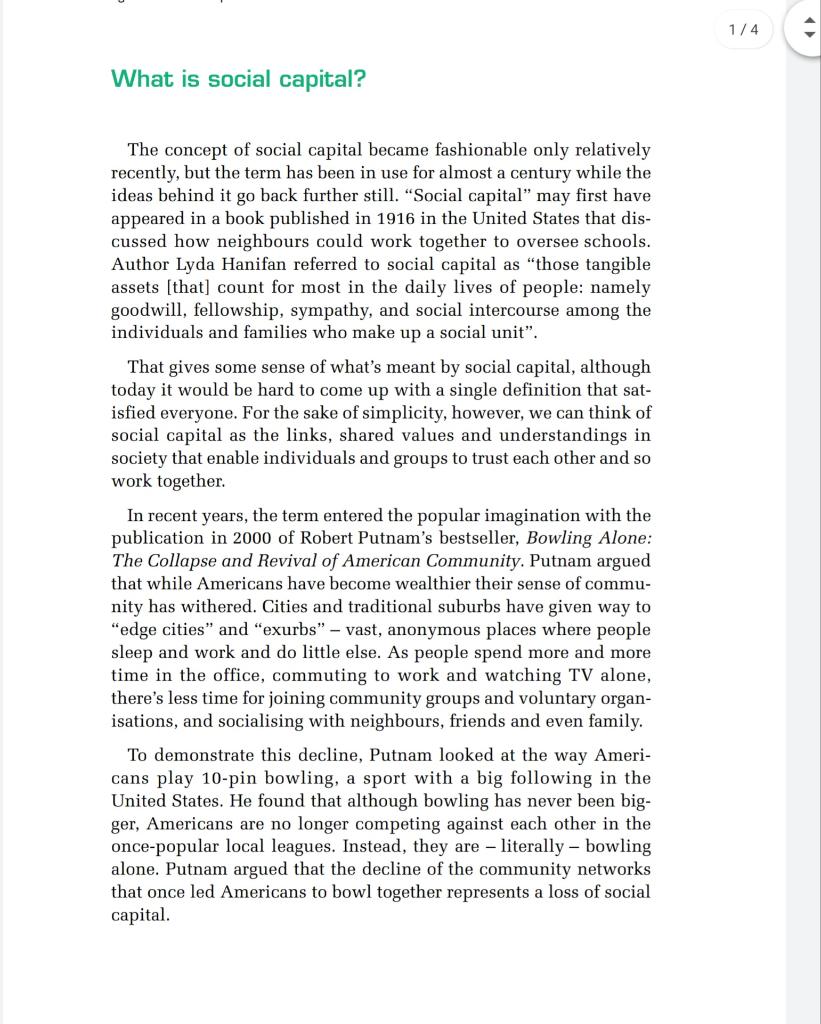 1- How does the case study define social capital?